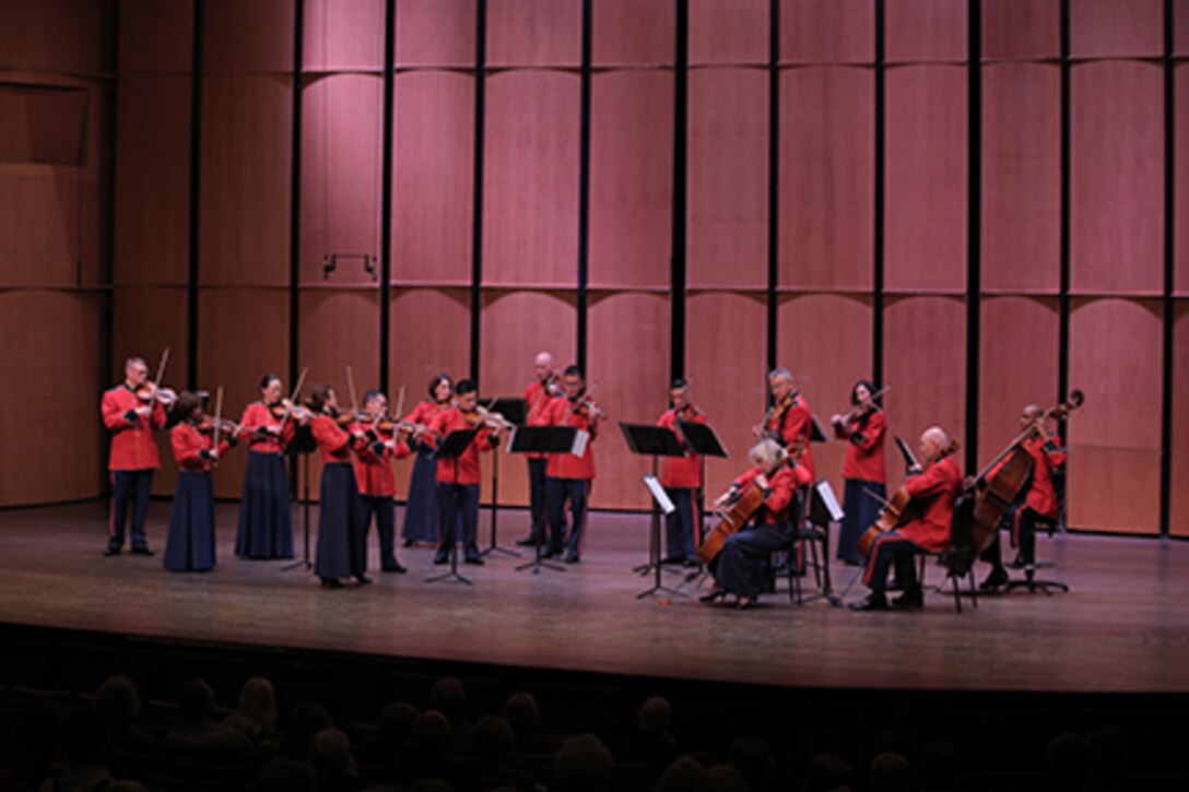 The Marine Chamber Orchestra performed a unique concert featuring only the collaboration of the string players and no conductor on July 29, 2017 at Northern Virginia Community College's Schlesinger Concert Hall in Alexandria, Va. The performance included Johannes Brahms' Liebeslieder Waltzes, arranged by Friedrich Hermann, Joseph Haydn's Concerto No. 2 in D for Cello and Orchestra, Opus 101; and Arnold Schoenberg's Verklärte Nacht, Opus 4.