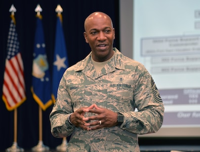 Chief Master Sgt. of the Air Force Kaleth O. Wright discusses resources available to the civilian workforce Aug. 1 at Joint Base San Antonio-Fort Sam Houston. The Air Force's senior enlisted leader met with 502nd Air Base Wing leaders to learn about the installation support mission at Joint Base San Antonio.