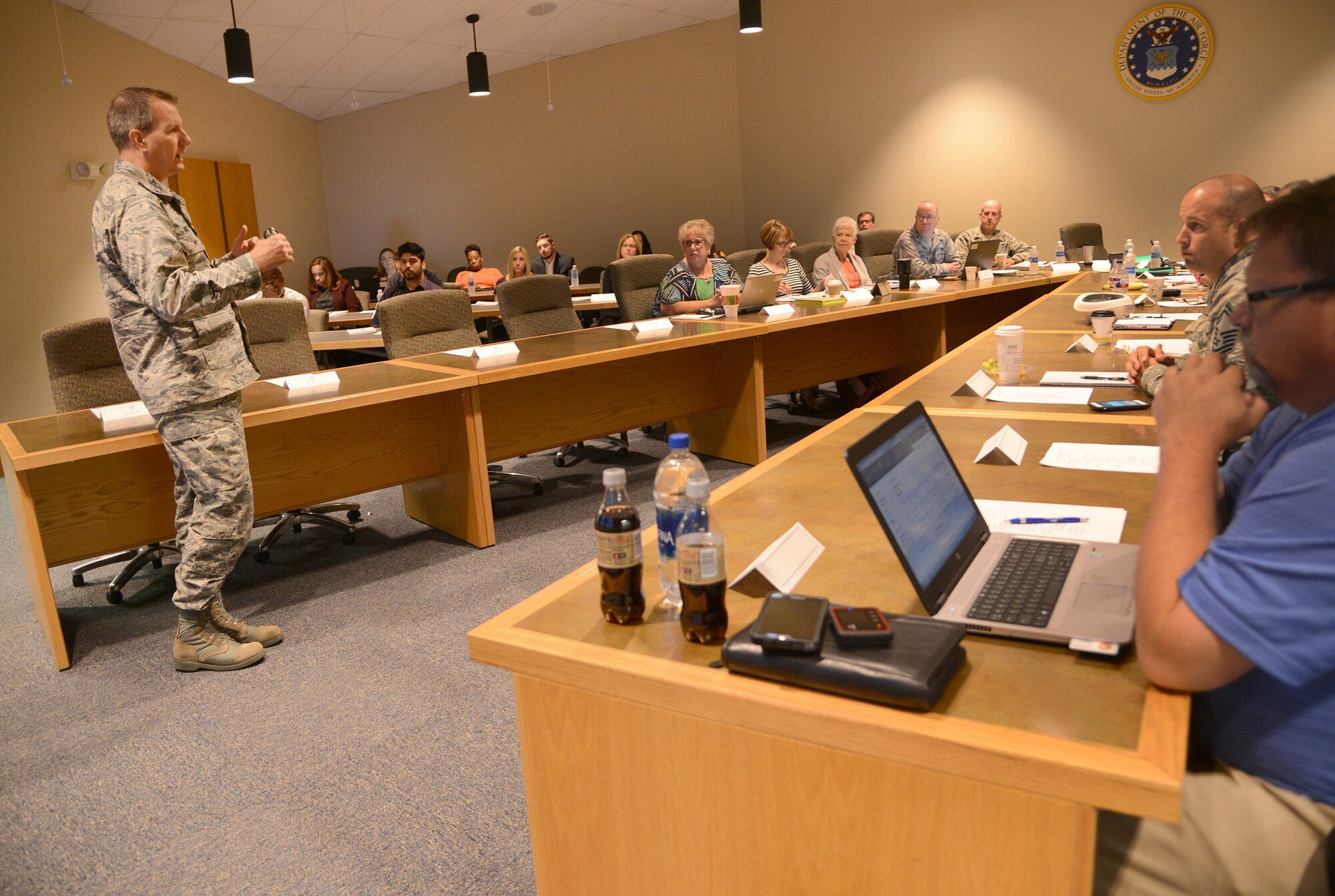 Col. Mark Mocio, chief of the Legacy Tanker Division C/KC-135, speaks to attendees at the division’s recent annual System Supportability Review event at the General Hill Conference Center.