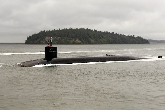 The Ohio-class ballistic-missile submarine USS Kentucky transits the Hood Canal
