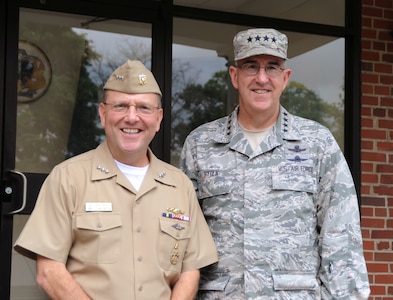 U.S. Navy Vice Adm. Joseph E. Tofalo, commander Submarine Forces, Submarine Force Atlantic, and Allied Submarine Command, hosts U.S. Air Force Gen. John E. Hyten, commander of U.S. Strategic Command (USSTRATCOM), at Submarine Forces Command headquarters for a ballistic-missile submarine (SSBN) stakeholders meeting at Naval Station Norfolk, Va., Aug. 7, 2017.