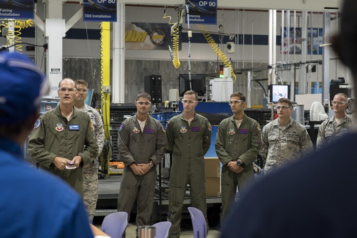 Col. Jefferson O'Donnell, 366th Fighter Wing commander, addresses defense contractor employees during a factory tour, Aug. 3, 2017, in St. Louis, Mo. O'Donnell was able to thank the emplyees for all of their hard work in supporting national defense. (U.S. Air Force photo by Senior Airman Jeremy L. Mosier)