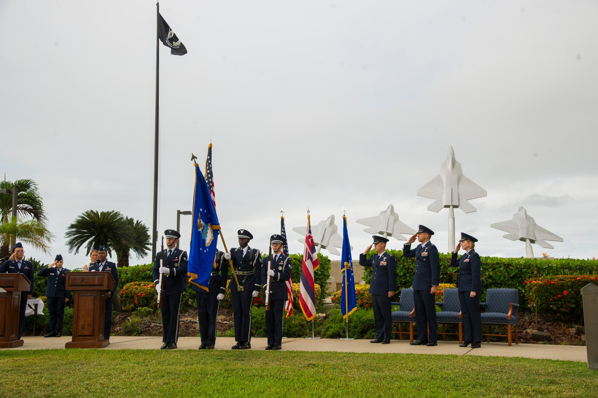 Members of the Hickam Honor Guard post the colors during the 15th Medical Group’s change of command on Joint Base Pearl Harbor-Hickam, Hawaii, Aug. 1, 2017. The 15th Medical Group provides outpatient healthcare to the Hickam community and maintains operational ready forces through wellness and primary healthcare. (U.S. Air Force photo by Tech. Sgt. Heather Redman)