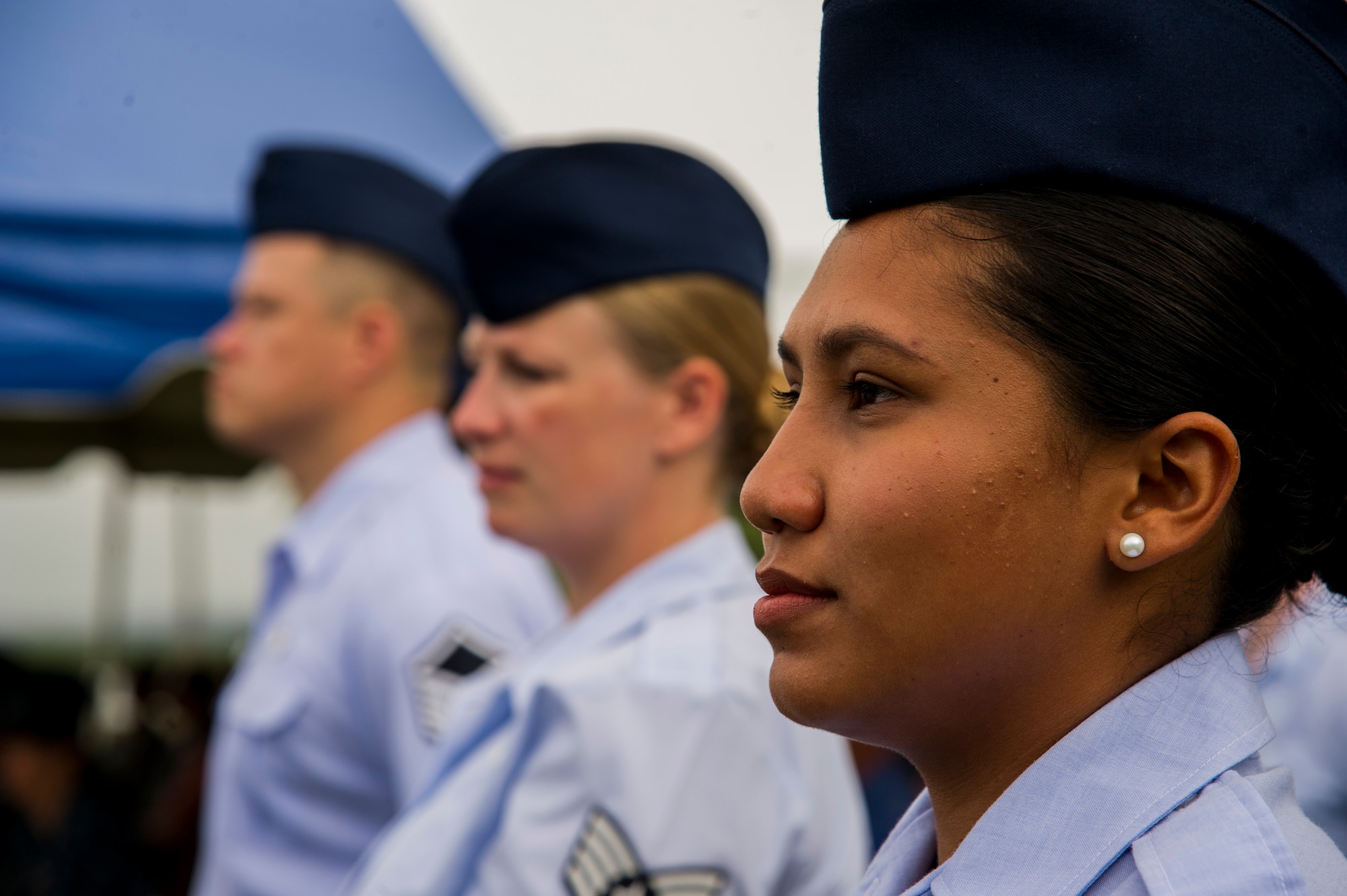 Members of the 15th Medical Group stand in formation during the 15th Medical Group’s change of command on Joint Base Pearl Harbor-Hickam, Hawaii, Aug. 1, 2017. The 15th Medical Group provides outpatient healthcare to the Hickam community and maintains operational ready forces through wellness and primary healthcare. (U.S. Air Force photo by Tech. Sgt. Heather Redman)