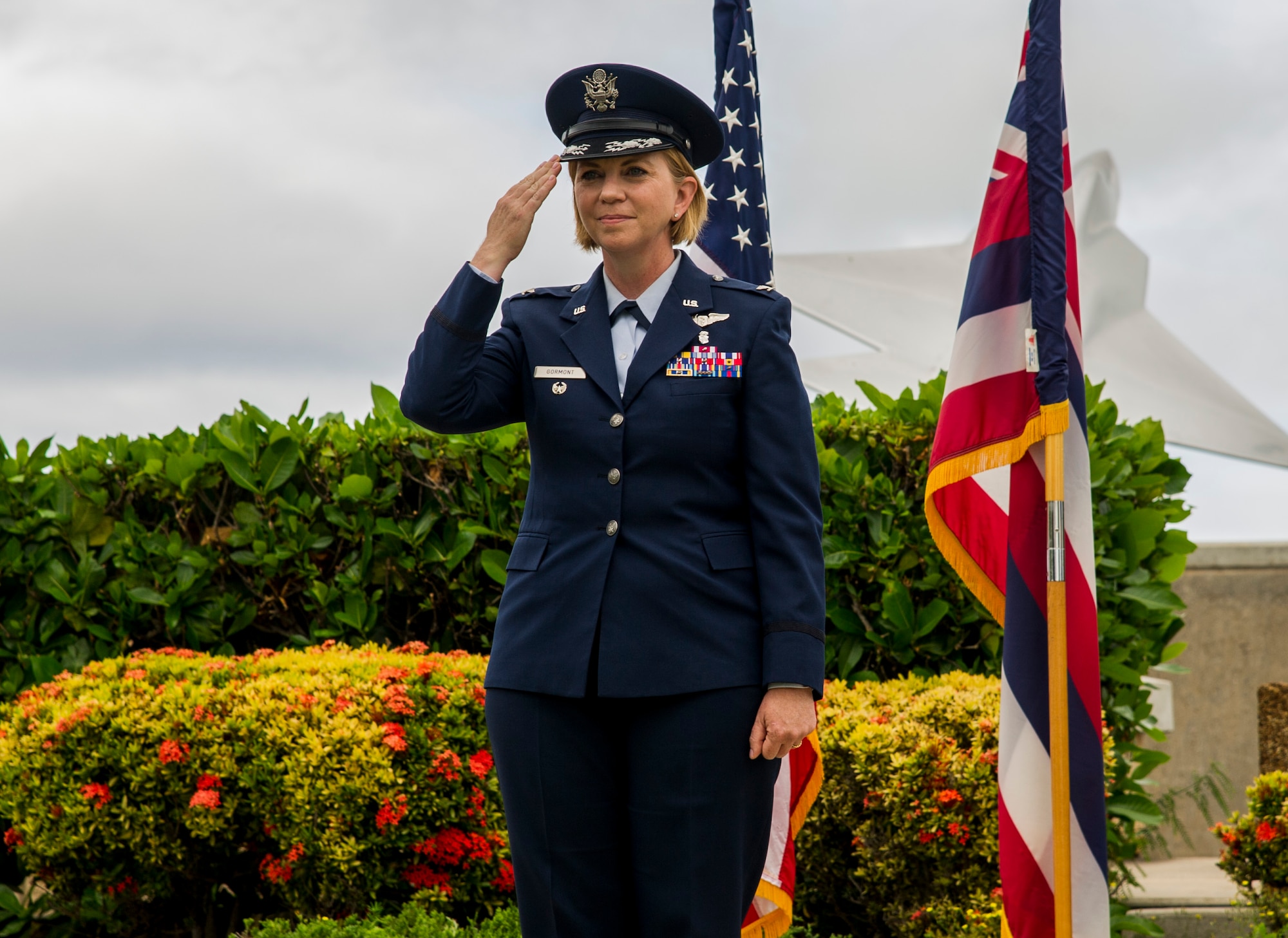 Col. Kara Gormont, 15th Medical Group commander, renders her first salute to the group during the 15th Medical Group’s change of command on Joint Base Pearl Harbor-Hickam, Hawaii, Aug. 1, 2017. The 15th Medical Group provides outpatient healthcare to the Hickam community and maintains operational ready forces through wellness and primary healthcare. (U.S. Air Force photo by Tech. Sgt. Heather Redman)