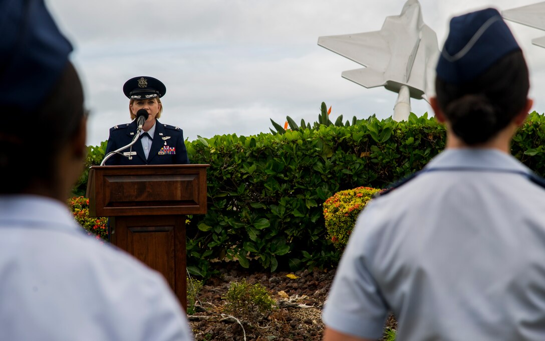 Col. Kara Gormont, 15th Medical Group commander, gives the closing remarks during the 15th Medical Group’s change of command on Joint Base Pearl Harbor-Hickam, Hawaii, Aug. 1, 2017. The 15th Medical Group provides outpatient healthcare to the Hickam community and maintains operational ready forces through wellness and primary healthcare. (U.S. Air Force photo by Tech. Sgt. Heather Redman)