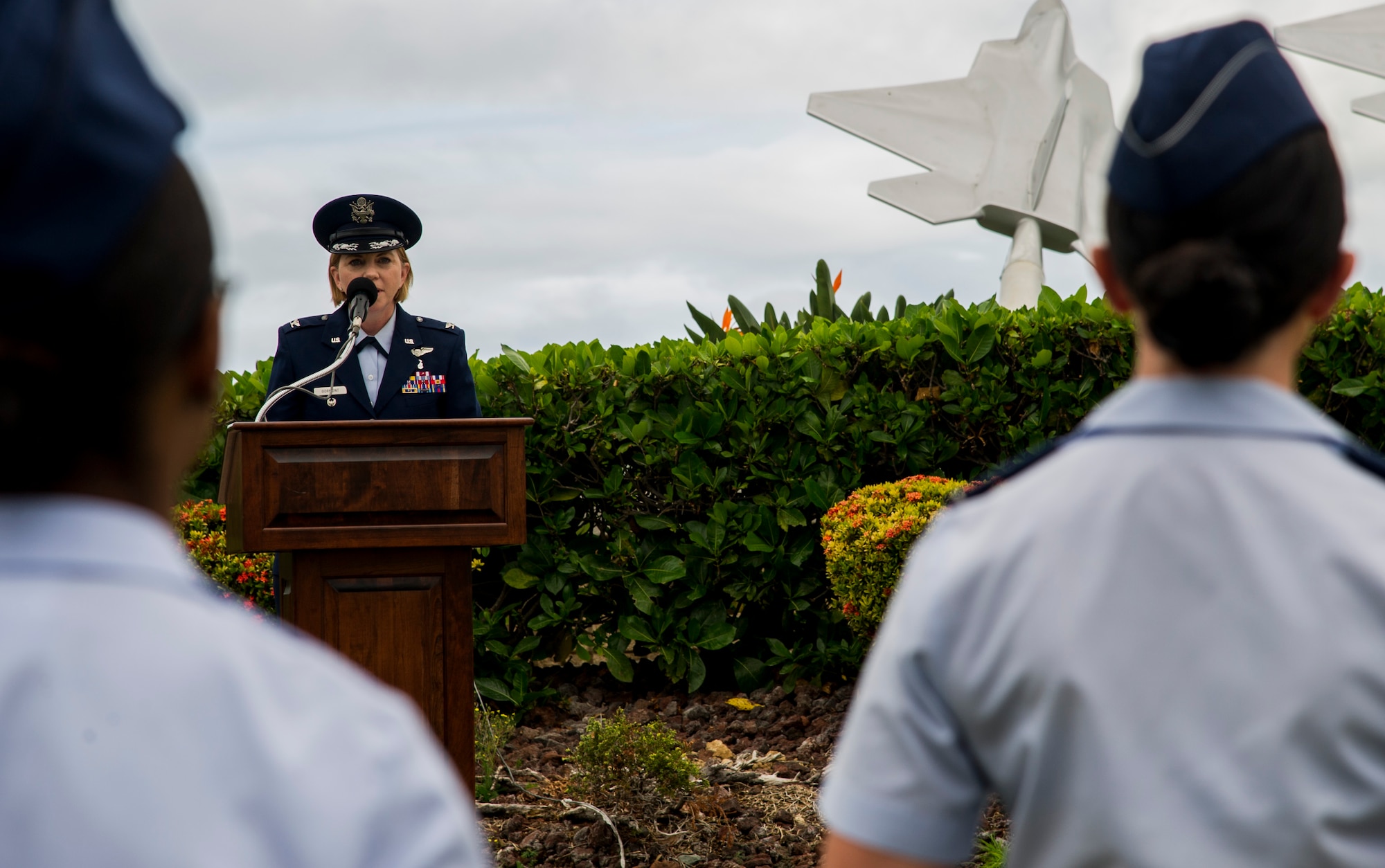 Col. Kara Gormont, 15th Medical Group commander, gives the closing remarks during the 15th Medical Group’s change of command on Joint Base Pearl Harbor-Hickam, Hawaii, Aug. 1, 2017. The 15th Medical Group provides outpatient healthcare to the Hickam community and maintains operational ready forces through wellness and primary healthcare. (U.S. Air Force photo by Tech. Sgt. Heather Redman)