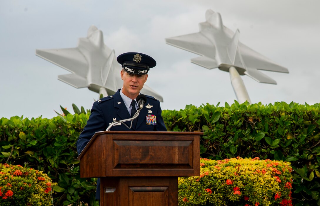 Col. Kevin Gordon, 15th Wing commander, gives the opening comments during the 15th Medical Group’s change of command on Joint Base Pearl Harbor-Hickam, Hawaii, Aug. 1, 2017. The 15th Medical Group provides outpatient healthcare to the Hickam community and maintains operational ready forces through wellness and primary healthcare. (U.S. Air Force photo by Tech. Sgt. Heather Redman)