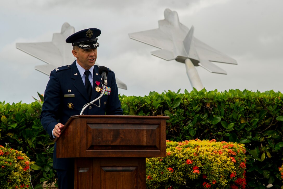 Col. Christopher Paige, 15th Medical Group outgoing commander, thanks the men and women of his command for their service and dedication during the 15th Medical Group’s change of command on Joint Base Pearl Harbor-Hickam, Hawaii, Aug. 1, 2017. The 15th Medical Group provides outpatient healthcare to the Hickam community and maintains operational ready forces through wellness and primary healthcare. (U.S. Air Force photo by Tech. Sgt. Heather Redman)