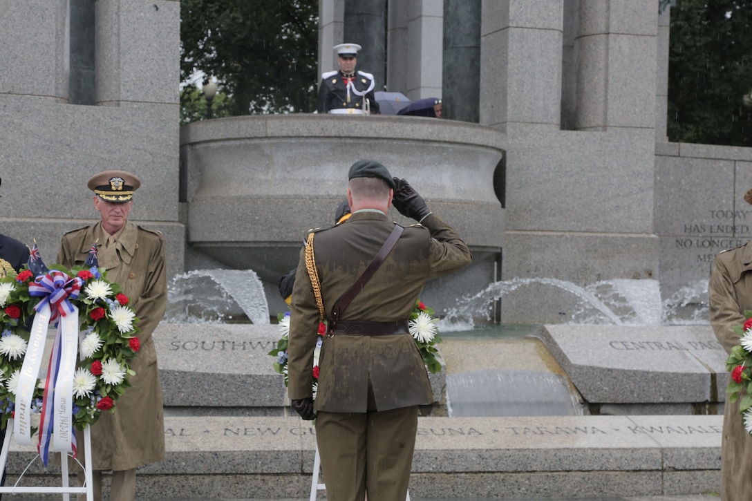 On Aug. 7, 2017, a trumpet player from "The President's Own" performed Taps at the 75th Anniversary Commemoration of the Battle of Guadalcanal  at the World War II Memorial in Washington, D.C. (U.S. Marine Corps photo by Master Sgt. Kristin duBois/released)