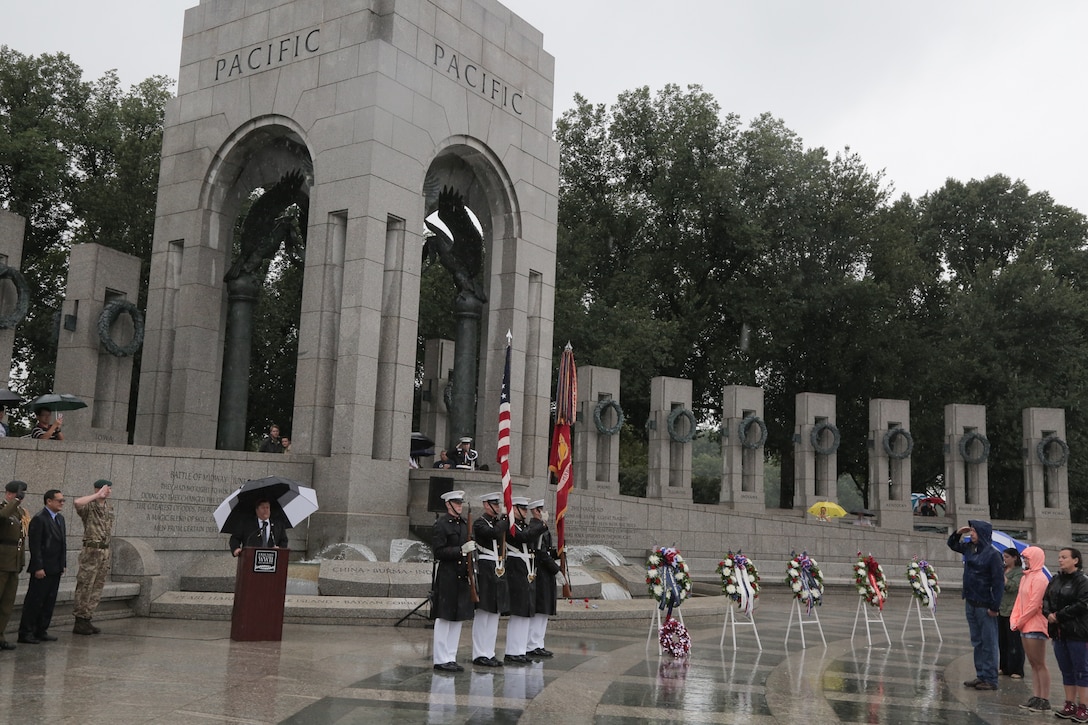 On Aug. 7, 2017, a trumpet player from "The President's Own" performed Taps at the 75th Anniversary Commemoration of the Battle of Guadalcanal  at the World War II Memorial in Washington, D.C. (U.S. Marine Corps photo by Master Sgt. Kristin duBois/released)