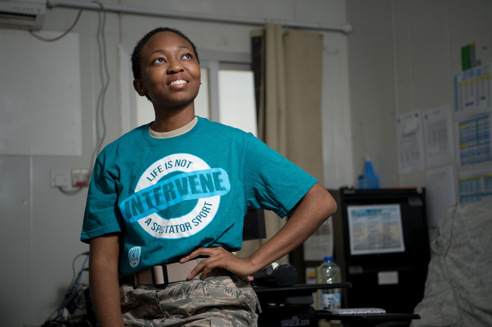 386th Air Expeditionary Wing sexual assault response coordinator 1st Lt. Chandrika Brewton poses for a photo in her office Tuesday August 8, 2017, in an undisclosed location in Southwest Asia. (U.S. Air Force photo by 1st Lt. Rashard Coaxum)