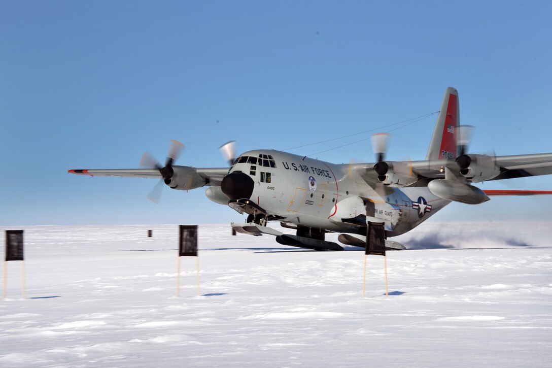 A New York Air National Guard LC-130 Skibird takes off from a forward airfield at Raven Camp.