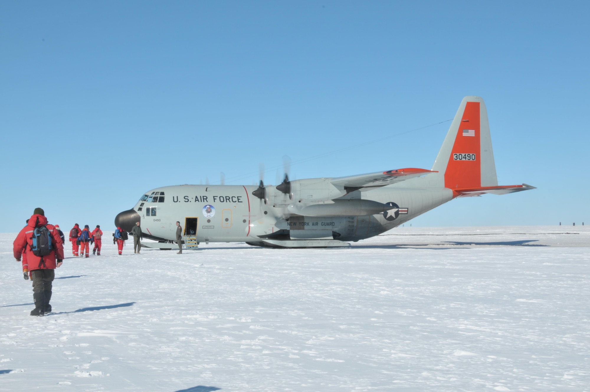 Scientists who had been living here for about six weeks board a 109th Airlift Wing LC-130 Skibird headed for Kangerlussuaq, Greenland July 29, 2017. That was the 13th mission the 109th Airlift Wing made to East GRIP this season to transport cargo and scientists.  (U.S. Air National Guard photo by Master Sgt. Catharine Schmidt/Released)