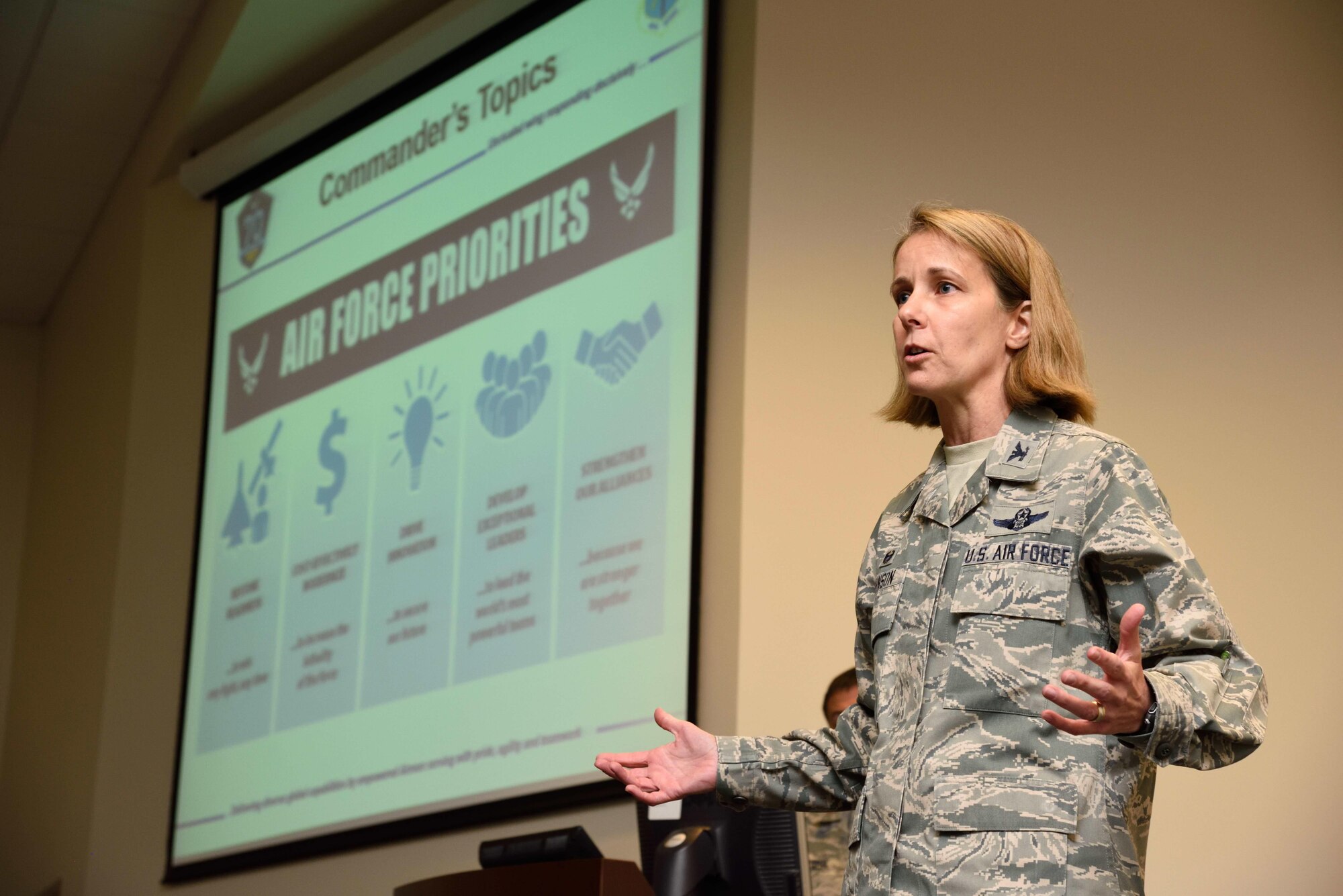Col. Jennie Johnson, 403rd Wing commander, speaks during a commander's call Aug. 6, 2017 at Keesler Air Force Base, Mississippi. (U.S. Air Force photo/Tech. Sgt. Ryan Labadens)