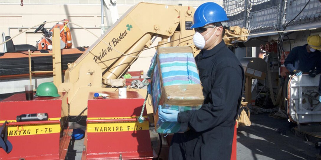 Coast Guard Cutter Escanaba crewmembers offload more than 3 tons of cocaine in Port Everglades, Florida Monday, Aug. 7, 2017.