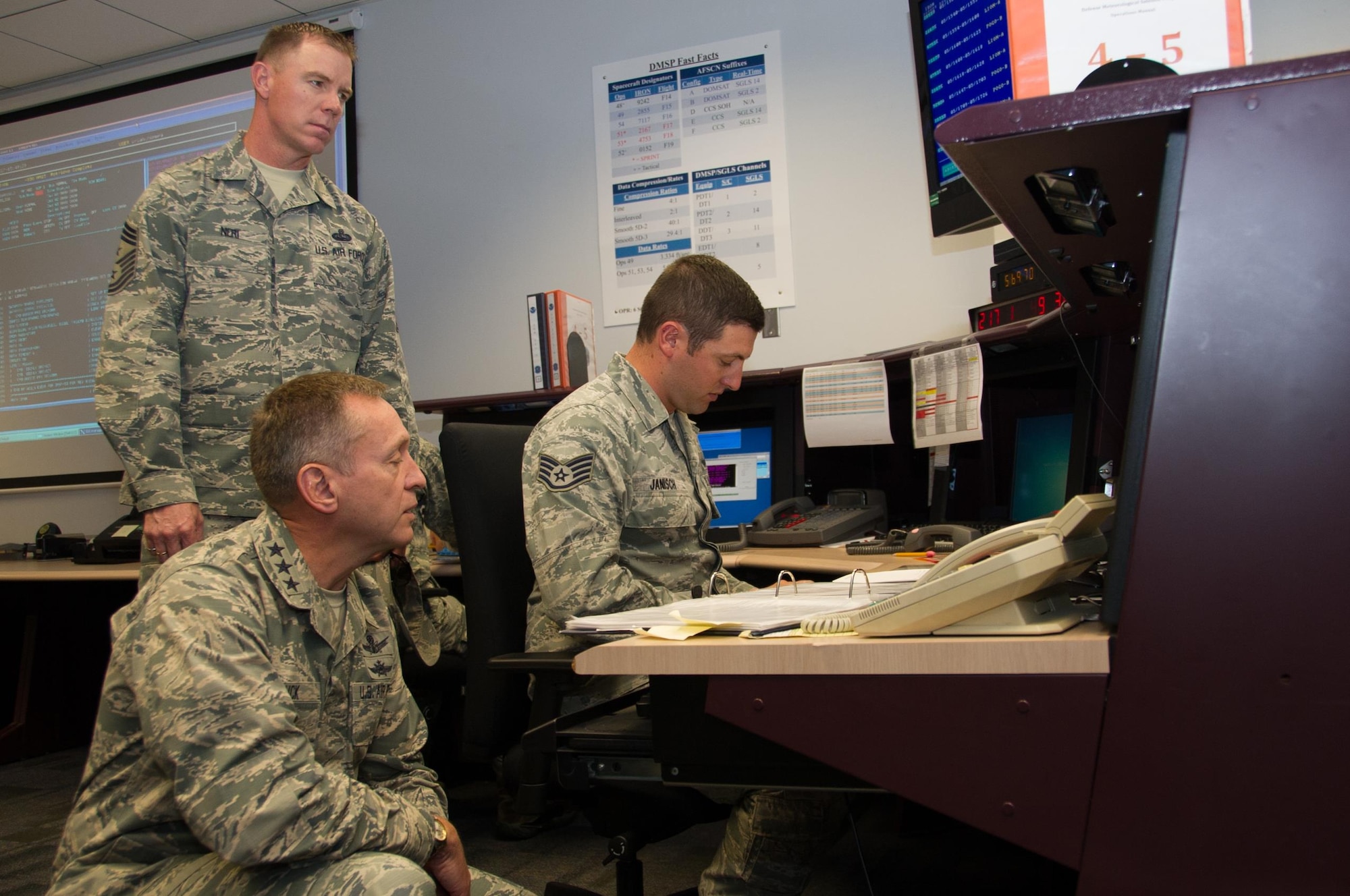 During a tour of the 310th Space Wing, Lt. Gen. David J. Buck, Commander, 14th Air Force (Air Forces Strategic), Air Force Space Command; and Commander, Joint Functional Component Command for Space, U.S. Strategic Command, stops to observe Staff Sgt. Jacob Janisch, 6th Space Operations Squadron, hard at work