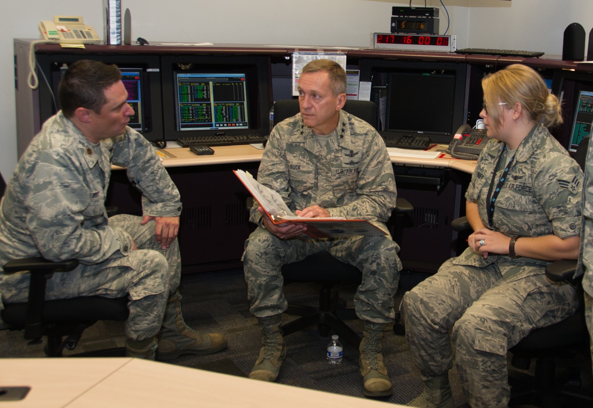 Lt. Gen. David J. Buck, Commander, 14th Air Force (Air Forces Strategic), Air Force Space Command; and Commander, Joint Functional Component Command for Space, U.S. Strategic Command, sits down with Maj. Christopher Bert and Senior Airman Samantha Krivanek, 6th Space Operations Squadron