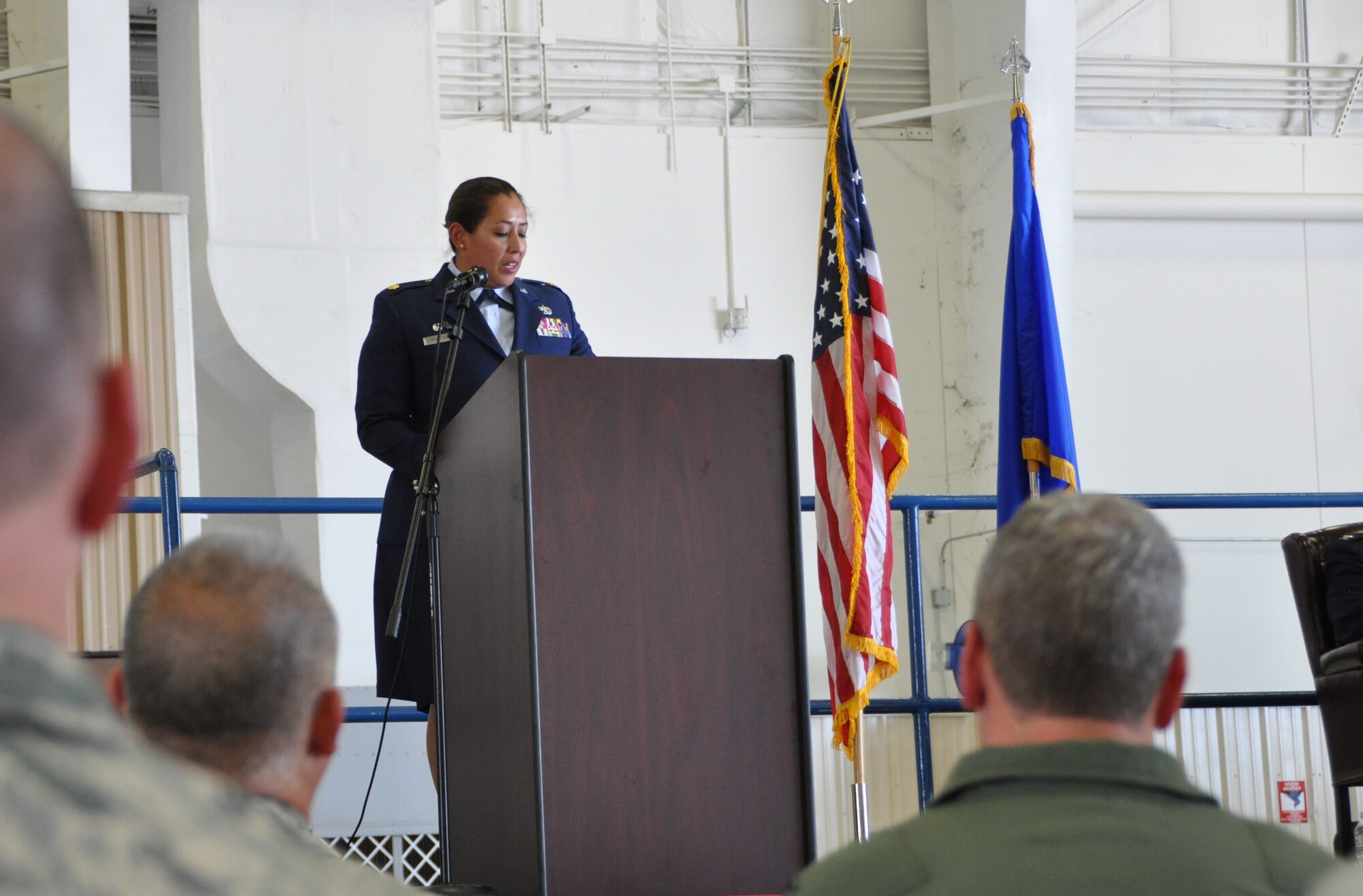 Maj. Carla Martinez, commander of the 301st Aircraft Maintenance Squadron, speaks after assuming command at Naval Air Station Fort Worth Joint Reserve Base, Texas, Sunday, Aug. 6, 2017. Martinez worked at Joint Base San Antonio-Lackland, Texas as Inspector General of Inspections and Director of Staff for the 960th Cyberspace Operations Group before coming to the 301st AMXS. (U.S. Air Force photo by Tech. Sgt. Charles Taylor)