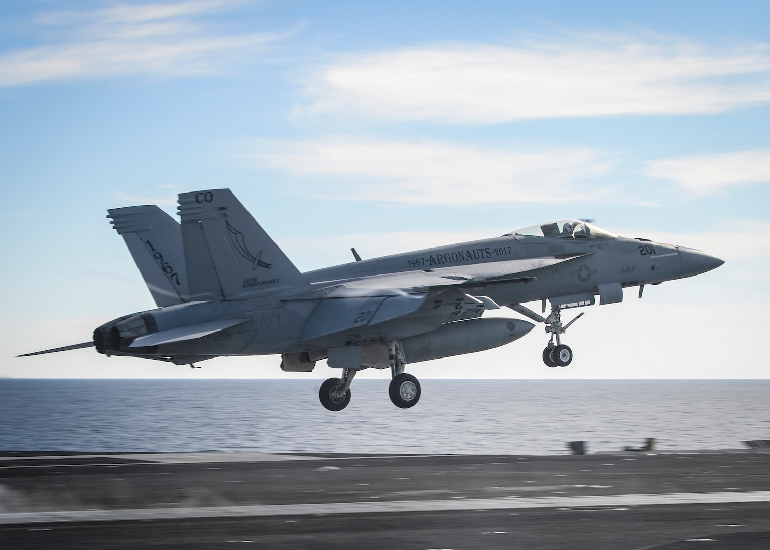 PACIFIC OCEAN (March 19, 2017) An F/A-18E Super Hornet assigned to the "Argonauts" of Strike Fighter Squadron (VFA) 147 launches from the aircraft carrier USS Nimitz (CVN 68). The ship is underway conducting a composite training unit exercise with its carrier strike group in preparation for an upcoming deployment. (U.S. Navy photo by Mass Communicaiton Specialist Seaman Ian Kinkead/Released)