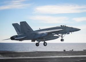 PACIFIC OCEAN (March 19, 2017) An F/A-18E Super Hornet assigned to the "Argonauts" of Strike Fighter Squadron (VFA) 147 launches from the aircraft carrier USS Nimitz (CVN 68). The ship is underway conducting a composite training unit exercise with its carrier strike group in preparation for an upcoming deployment. (U.S. Navy photo by Mass Communicaiton Specialist Seaman Ian Kinkead/Released)