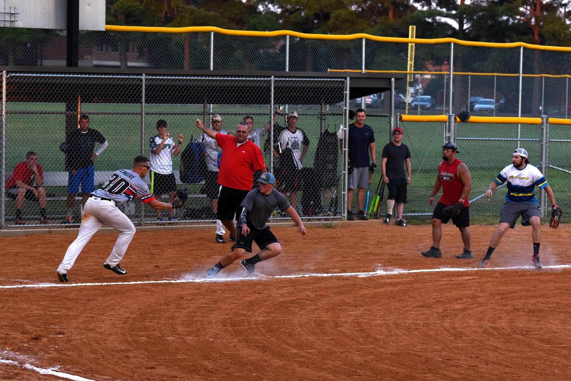 Airman 1st Class Joseph Barnes, 19th Civil Engineer Squadron Heating, Ventilation, Air Conditioning and Refrigeration apprentice, tries to steal home during the 2017 Softball All-Star Day game Aug. 3, 2017, at Little Rock Air Force Base, Ark.  The National League team won 14-9. (U.S. Air Force photo by Senior Airman Mercedes Taylor)