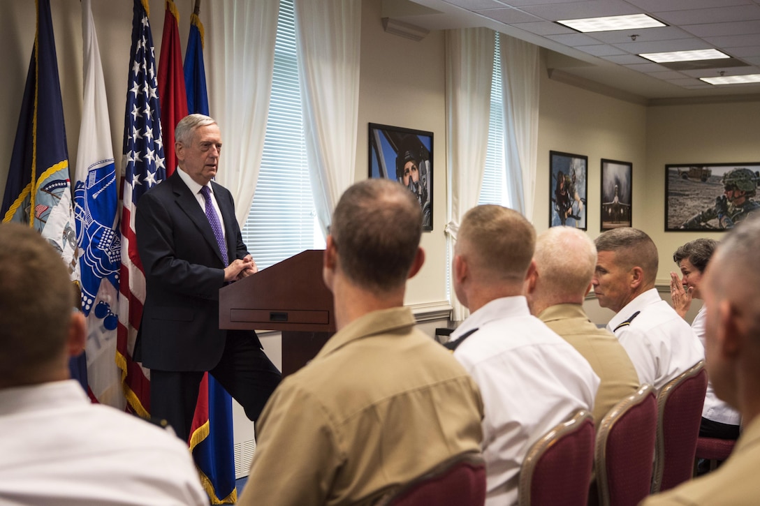 Defense Secretary speaks to students at Pentagon.