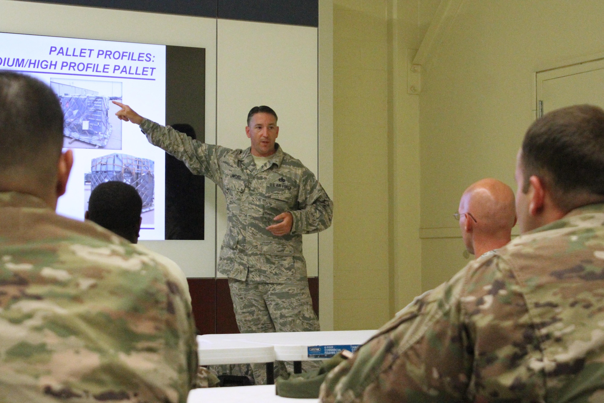 Master Sgt. William Linford, air terminal manager at Joint Base Langley-Eustis, Virginia, conducts a class on pallet buildup