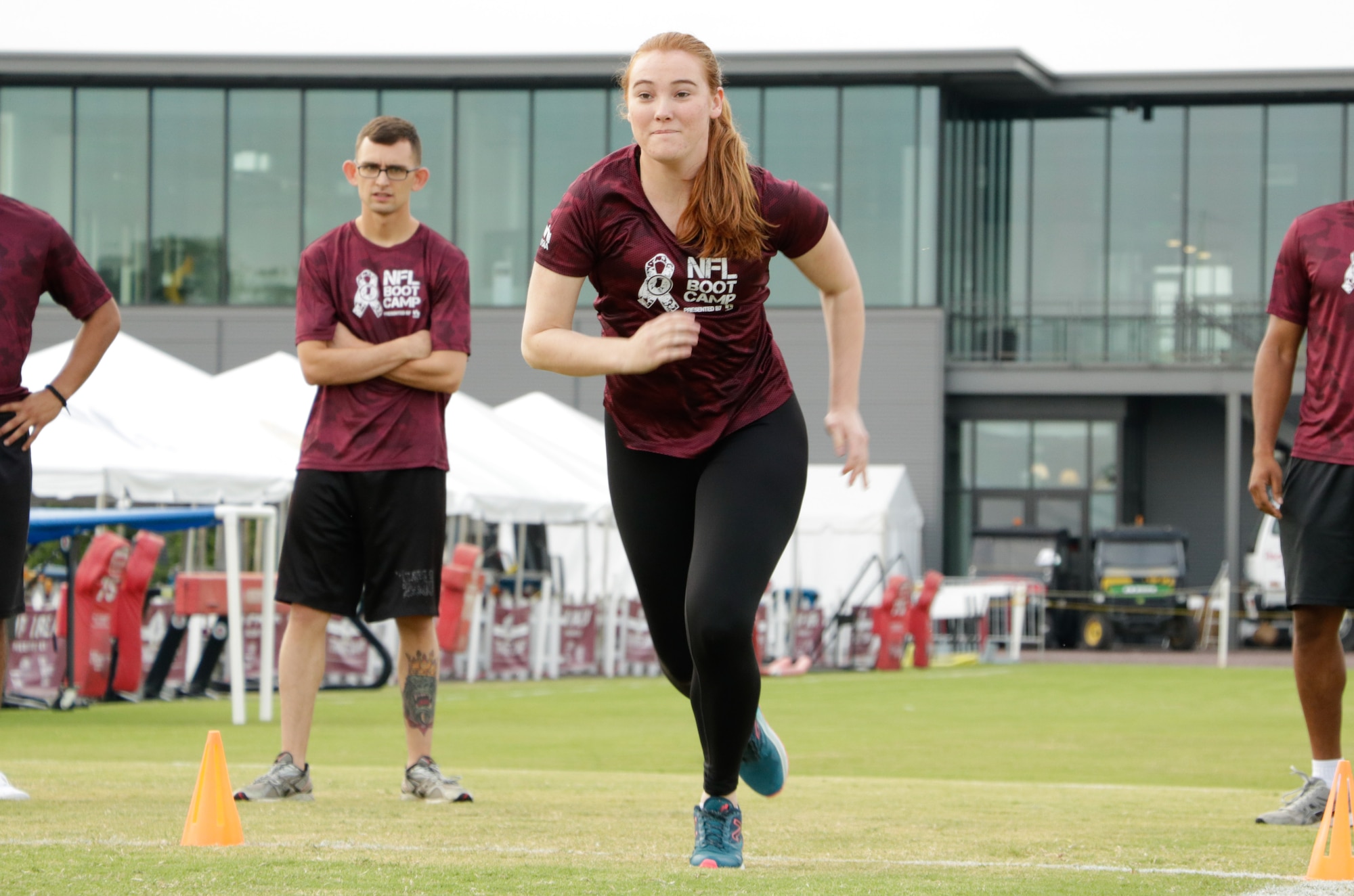 U.S. Air Force Airman 1st Class Alexandra Nason, 363rd Intelligence, Surveillance and Reconnaissance Group, participates in the 40 yard dash during the Salute to Service military appreciation event at the Washington Redskins’ Bon Secours Training Camp in Richmond, Virginia, Aug. 2, 2017.