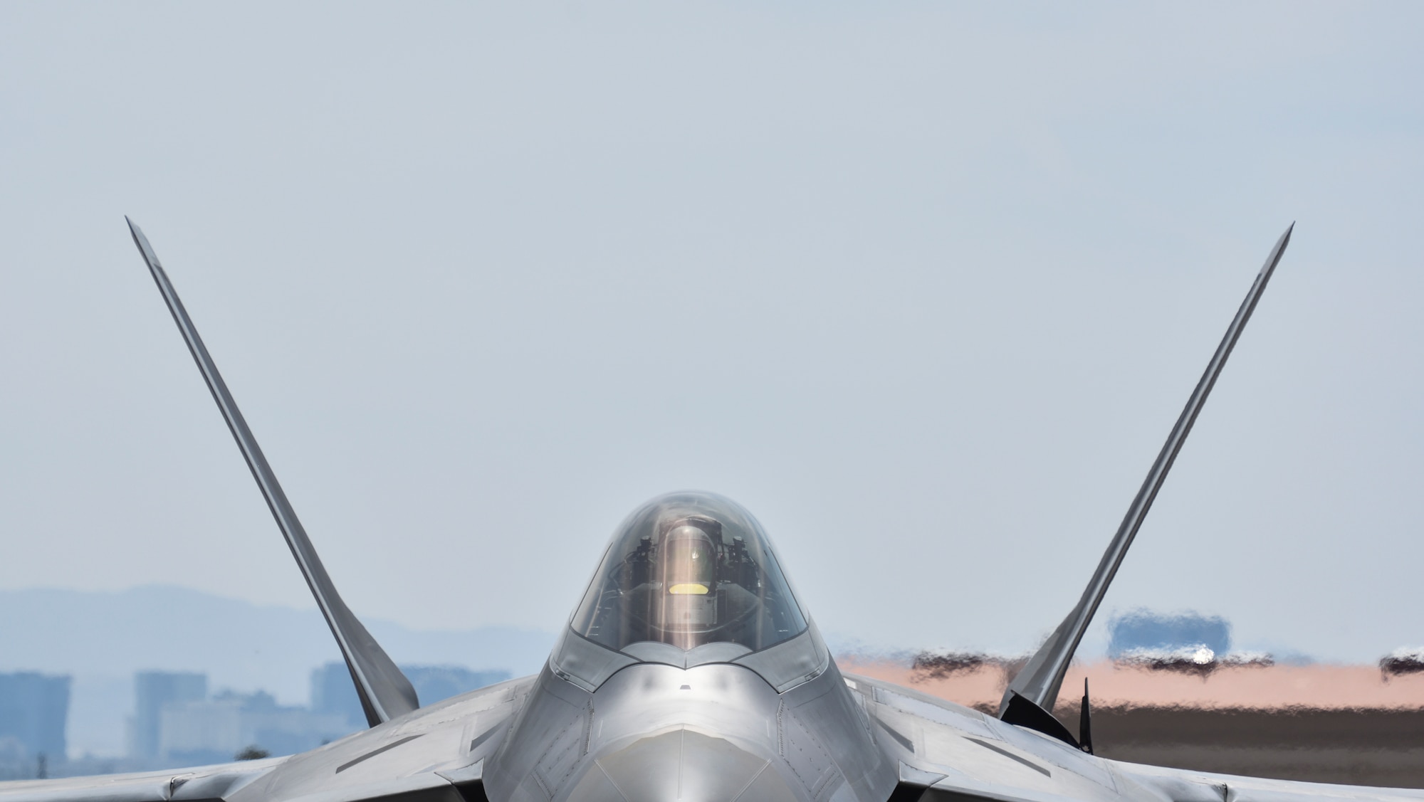 An F-22 Raptor from the 95th Fighter Squadron at Tyndall Air Force Base, Fla., powers up before takeoff at Nellis Air Force Base, Nev., during Red Flag 17-3 July 18, 2017. The mission of the 95th FS is to provide air dominance for America, and Red Flag ensures pilots are trained and equipped to project unrivaled combat air power.