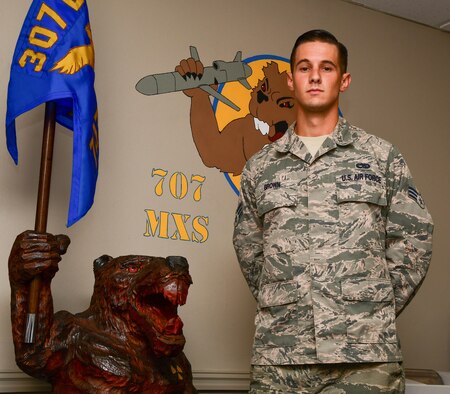 Senior Airman Timothy Brown is a B-52 Stratofortress crew-chief assigned to the 707th Maintenance Squadron, 307th Bomb Wing, on Barksdale Air Force Base, La. Aug. 5, 2017. Brown used life-saving skills he learned while in the Air Force on Jul. 4, 2017 to save the life of a child that had fallen into a pool. (U.S. Air Force photo by Master Sgt. Dachelle Melville/Released)
