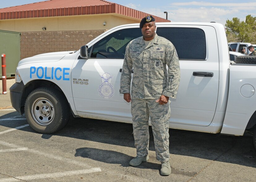 Master Sgt. Maurice Lucas II, 412th Security Forces Squadron, was recognized for peacefully subduing a suicidal man in a housing area on Edwards Air Force Base, Calif., in 2016. (U.S. Air Force photo/Kenji Thuloweit)