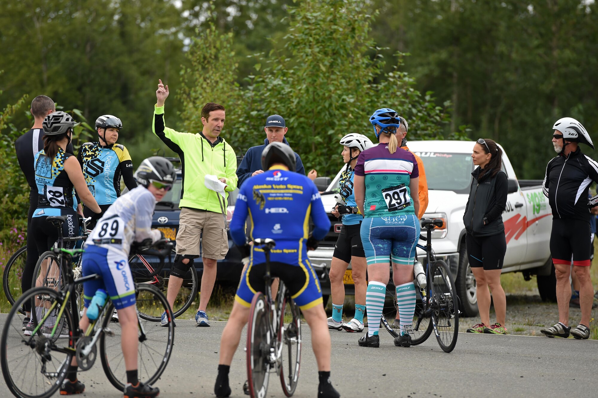 Cyclists receive a briefing before the Moose Run time-trial race at Moose Run Golf Course at Joint Base Elmendorf-Richardson, Alaska, Aug. 3, 2017. For more than 15 years, the club has hosted road race events at JBER.
