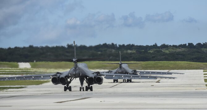 Two U.S. Air Force B-1B Lancers assigned to the 37th Expeditionary Bomb Squadron, deployed from Ellsworth Air Force Base, South Dakota, prepare to take off from Andersen Air Force Base, Guam, for a 10-hour mission, flying in the vicinity of Kyushu, Japan, the East China Sea, and the Korean peninsula, Aug. 7, 2017 (HST). During the mission, the B-1s were joined by Japan Air Self-Defense Force F-2s as well as Republic of Korea Air Force KF-16 fighter jets, performing two sequential bilateral missions. These flights with Japan and the Republic of Korea (ROK) demonstrate solidarity between Japan, ROK and the U.S. to defend against provocative and destabilizing actions in the Pacific theater. (U.S. Air Force photo/Tech. Sgt. Richard P. Ebensberger)