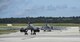 Two U.S. Air Force B-1B Lancers assigned to the 37th Expeditionary Bomb Squadron, deployed from Ellsworth Air Force Base, South Dakota, prepare to take off from Andersen Air Force Base, Guam, for a 10-hour mission, flying in the vicinity of Kyushu, Japan, the East China Sea, and the Korean peninsula, Aug. 8, 2017. During the mission, the B-1s were joined by Japan Air Self-Defense Force F-15s as well as Republic of Korea Air Force F-15s, performing two sequential bilateral missions. These flights with Japan and the Republic of Korea (ROK) demonstrate solidarity between Japan, ROK and the U.S. to defend against provocative and destabilizing actions in the Pacific theater. (U.S. Air Force photo/Tech. Sgt. Richard P. Ebensberger)