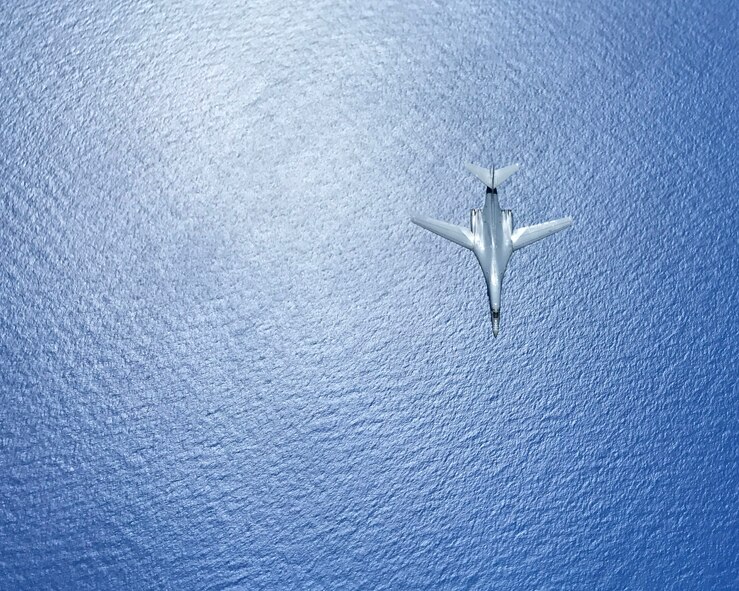 A U.S. Air Force B-1B Lancer assigned to the 37th Expeditionary Bomb Squadron, deployed from Ellsworth Air Force Base, South Dakota, during a 10-hour mission from Andersen Air Force Base, Guam, flying in the vicinity of Kyushu, Japan, the East China Sea, and the Korean peninsula, August 7, 2017 (HST). During the mission, the B-1s were joined by Japan Air Self-Defense Force F-2s as well as Republic of Korea Air Force KF-16 fighter jets, performing two sequential bilateral missions. These flights with Japan and the Republic of Korea (ROK) demonstrate solidarity between Japan, ROK and the U.S. to defend against provocative and destabilizing actions in the Pacific theater. (U.S. Air Force photo/Airman 1st Class Gerald Willis)