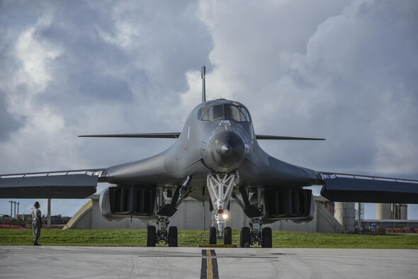 A U.S. Air Force B-1B Lancer assigned to the 37th Expeditionary Bomb Squadron, deployed from Ellsworth Air Force Base, South Dakota, prepares to take off from Andersen Air Force Base, Guam, for a 10-hour mission, flying in the vicinity of Kyushu, Japan, the East China Sea, and the Korean peninsula, Aug. 7, 2017 (HST). During the mission, the B-1s were joined by Japan Air Self-Defense Force F-2s as well as Republic of Korea Air Force KF-16 fighter jets, performing two sequential bilateral missions. These flights with Japan and the Republic of Korea (ROK) demonstrate solidarity between Japan, ROK and the U.S. to defend against provocative and destabilizing actions in the Pacific theater. (U.S. Air Force photo/Tech. Sgt. Richard P. Ebensberger)