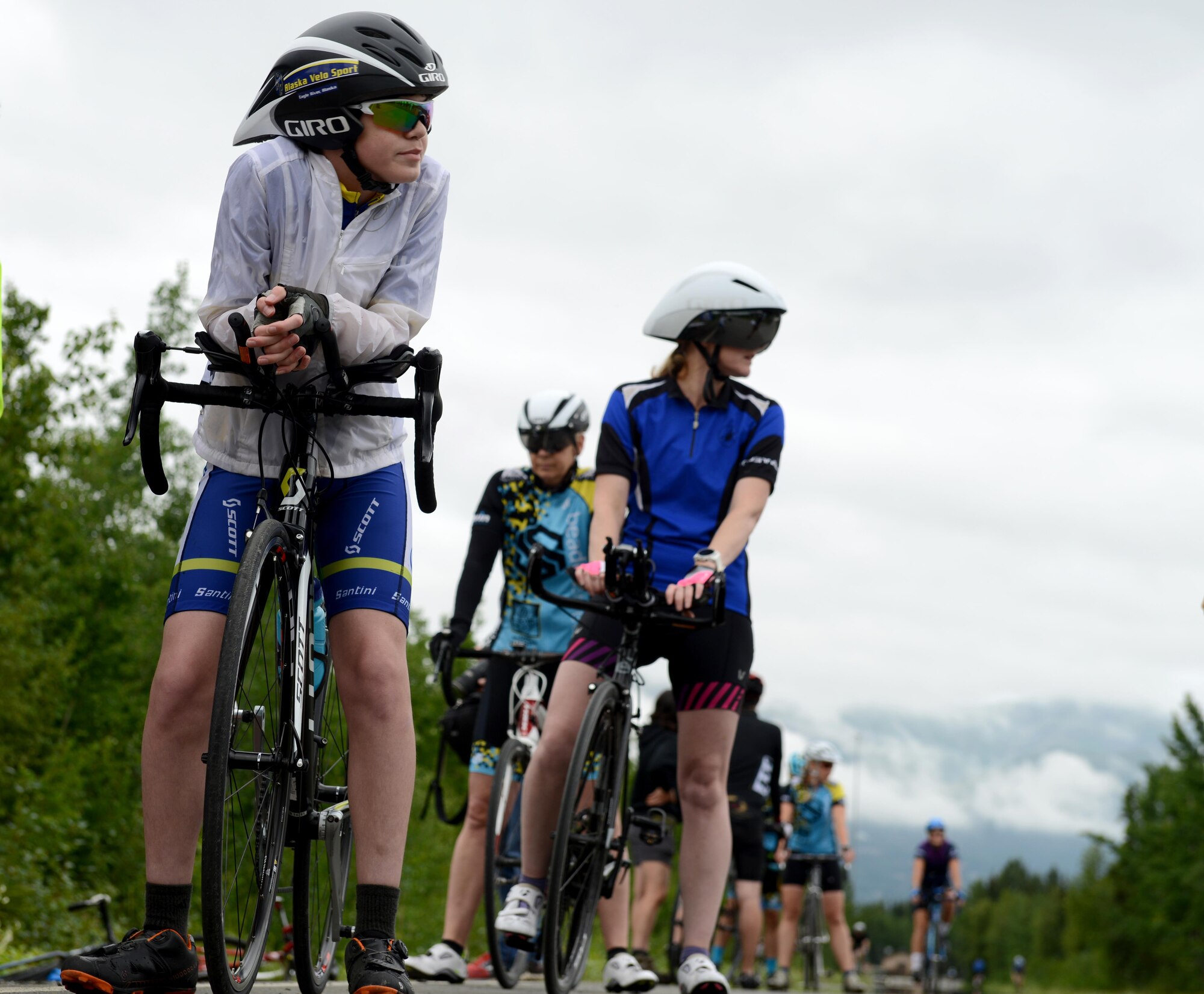 Arctic Bicycle Club athletes line up for the start of the 10-mile time-trial race at the Moose Run Golf Course at Joint Base Elmendorf-Richardson, Alaska, Aug. 3, 2017. For more than 15 years, the club has hosted road race events at JBER.