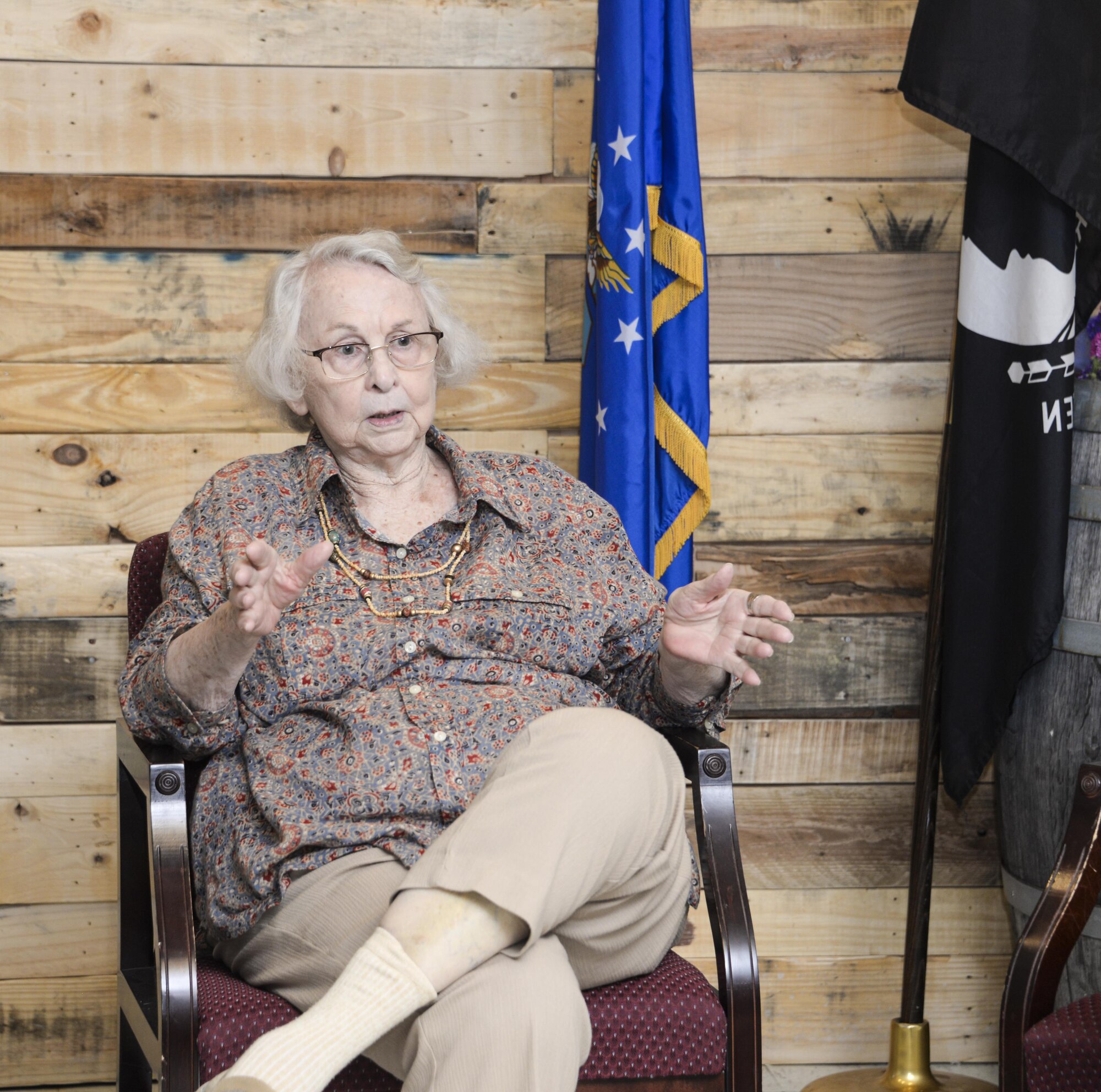 Beverly Sterling, one of the first females to join the U.S. Air Force, speaks to members of the 60th Maintenance Squadron during a lunch and learn event, August 1, 2017 at Travis Air Force Base, Calif. Ms. Bev shared stories about her experiences joining the Air Force in 1951 and how she played a key role in shaping Air Force culture today. (U.S. Air Force photo / 2nd Lt. Sarah Johnson)