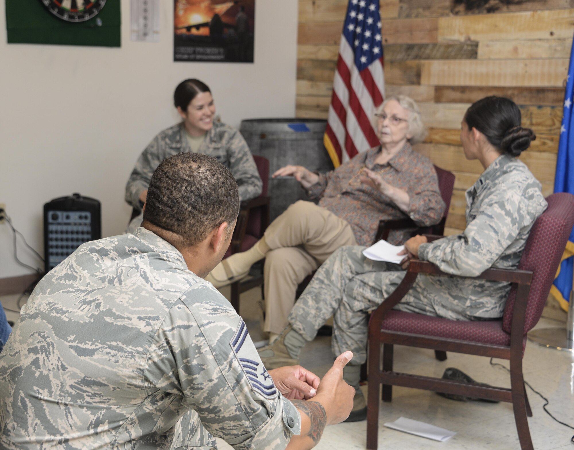 Beverly Sterling, one of the first females to join the U.S. Air Force, speaks to members of the 60th Maintenance Squadron during a lunch and learn event, August 1, 2017 at Travis Air Force Base, Calif. Ms. Bev shared stories about her experiences joining the Air Force in 1951 and how she played a key role in shaping Air Force culture today. (U.S. Air Force photo / 2nd Lt. Sarah Johnson)