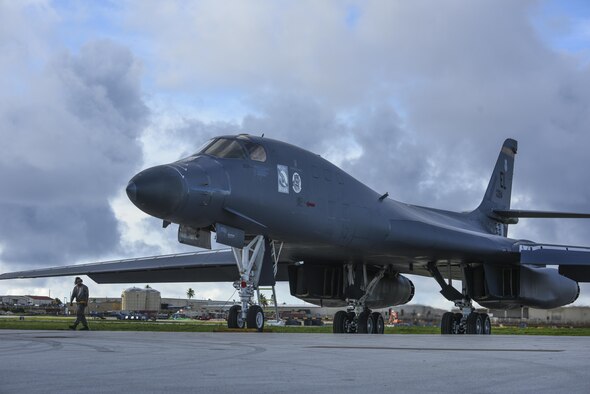A U.S. Air Force B-1B Lancer assigned to the 37th Expeditionary Bomb Squadron, deployed from Ellsworth Air Force Base, South Dakota, prepares to take off from Andersen Air Force Base, Guam, for a 10-hour mission, flying in the vicinity of Kyushu, Japan, the East China Sea, and the Korean peninsula, Aug. 7, 2017 (HST). During the mission, two B-1s were joined by Japan Air Self-Defense Force F-15s as well as Republic of Korea Air Force KF-16 fighter jets, performing two sequential bilateral missions. These flights with Japan and the Republic of Korea (ROK) demonstrate solidarity between Japan, ROK and the U.S. to defend against provocative and destabilizing actions in the Pacific theater. (U.S. Air Force photo/Tech. Sgt. Richard P. Ebensberger)