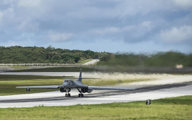 A U.S. Air Force B-1B Lancer assigned to the 37th Expeditionary Bomb Squadron, deployed from Ellsworth Air Force Base, South Dakota, takes off from Andersen Air Force Base, Guam, for a 10-hour mission, flying in the vicinity of Kyushu, Japan, the East China Sea, and the Korean peninsula, Aug. 7, 2017 (HST). During the mission, two B-1s were joined by Japan Air Self-Defense Force F-15s as well as Republic of Korea Air Force KF-16 fighter jets, performing two sequential bilateral missions. These flights with Japan and the Republic of Korea (ROK) demonstrate solidarity between Japan, ROK and the U.S. to defend against provocative and destabilizing actions in the Pacific theater. (U.S. Air Force photo/Tech. Sgt. Richard P. Ebensberger