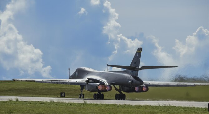 A U.S. Air Force B-1B Lancer assigned to the 37th Expeditionary Bomb Squadron, deployed from Ellsworth Air Force Base, South Dakota, takes off from Andersen Air Force Base, Guam, for a 10-hour mission, flying in the vicinity of Kyushu, Japan, the East China Sea, and the Korean peninsula, Aug. 7, 2017 (HST). During the mission, two B-1s were joined by Japan Air Self-Defense Force F-15s as well as Republic of Korea Air Force KF-16 fighter jets, performing two sequential bilateral missions. These flights with Japan and the Republic of Korea (ROK) demonstrate solidarity between Japan, ROK and the U.S. to defend against provocative and destabilizing actions in the Pacific theater. (U.S. Air Force photo/Tech. Sgt. Richard P. Ebensberger)