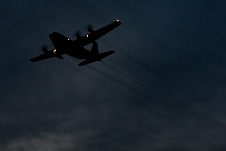 A U.S. Air Force C-130 Hercules assigned to the 757th Airlift Squadron sprays for mosquitos over Joint Base Langley-Eustis, Virginia., August 1, 2017.