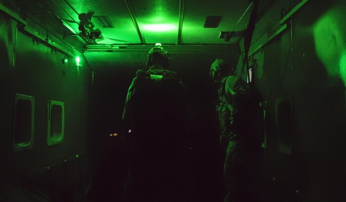 Marines with the Force Reconnaissance Company, III Marine Expeditionary Force stationed at Camp Schwab in Okinawa, Japan jump out of the aircraft and make their descent towards the drop zone at IDIS-Corps facility in Parker, Arizona, from July 12 to August 1, 2017 The Marines conducted high altitude high opening (HAHO) sustainment training, while implementing the Joint Precision Air Drop System (JPADS).