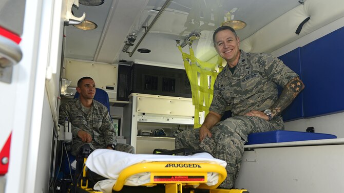 Lt. Col. Jerry Fausch, 31st Medical Operations Squadron commander, visits his emergency medical technicians at Aviano Air Base, Italy, August 4, 2017. His squadron provides approximately 36,000 outpatient visits annually to almost 8,700 beneficiaries. (U.S. Air Force photo by Airman 1st Class Ryan Brooks)