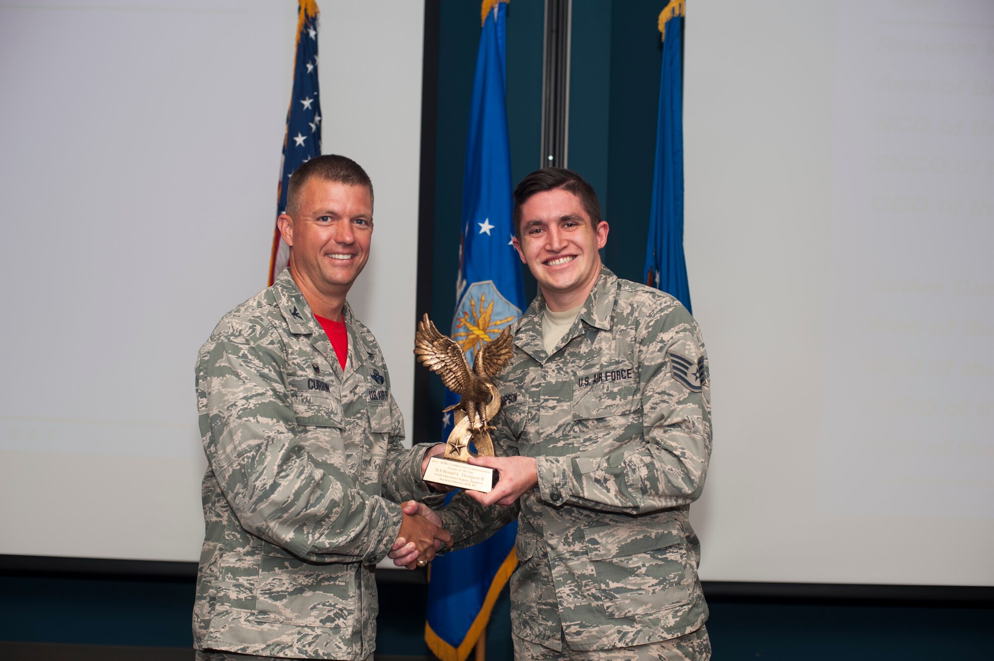 The 916th Air Refueling Wing presented multiple awards to Airmen during the August unit training assembly at Seymour Johnson Air Force Base, N.C. (U.S. Air Force photo/Senior Airman Jeramy Moore)