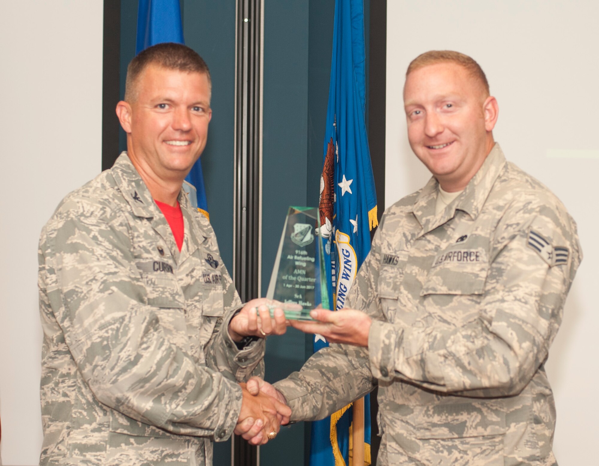 The 916th Air Refueling Wing presented multiple awards to Airmen during the August unit training assembly at Seymour Johnson Air Force Base, N.C. (U.S. Air Force photo/Senior Airman Jeramy Moore)