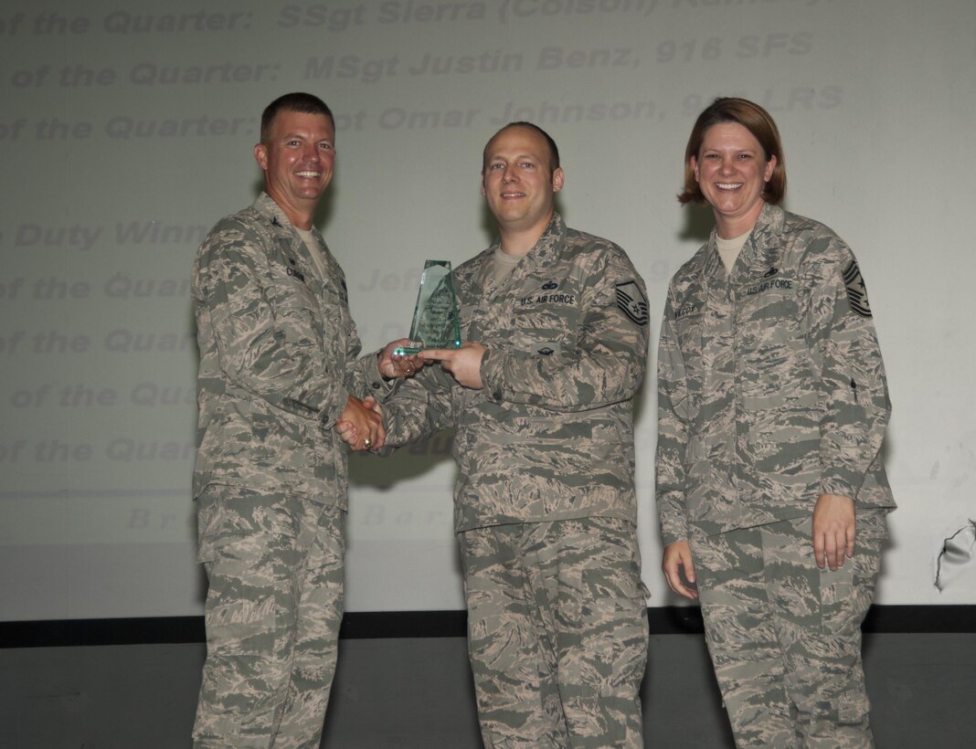 The 916th Air Refueling Wing presented multiple awards to Airmen during the August unit training assembly at Seymour Johnson Air Force Base, N.C. (U.S. Air Force photo/Senior Airman Kayla Newman)
