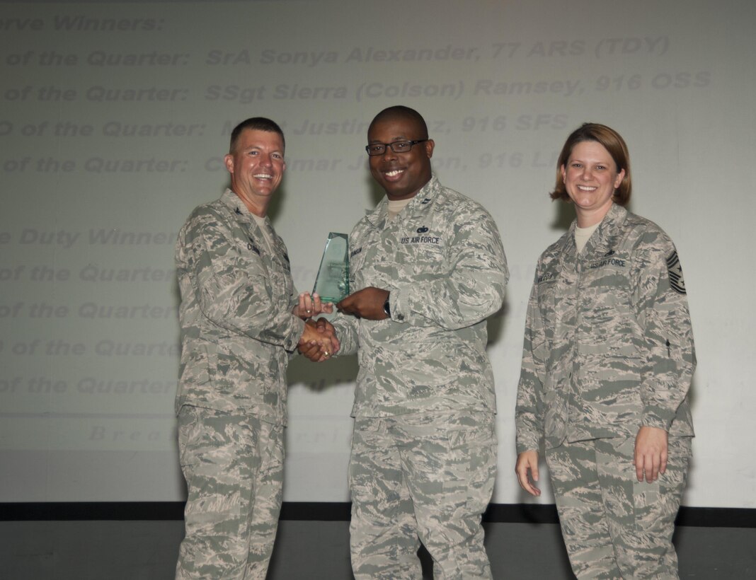 The 916th Air Refueling Wing presented multiple awards to Airmen during the August unit training assembly at Seymour Johnson Air Force Base, N.C. (U.S. Air Force photo/Senior Airman Kayla Newman)